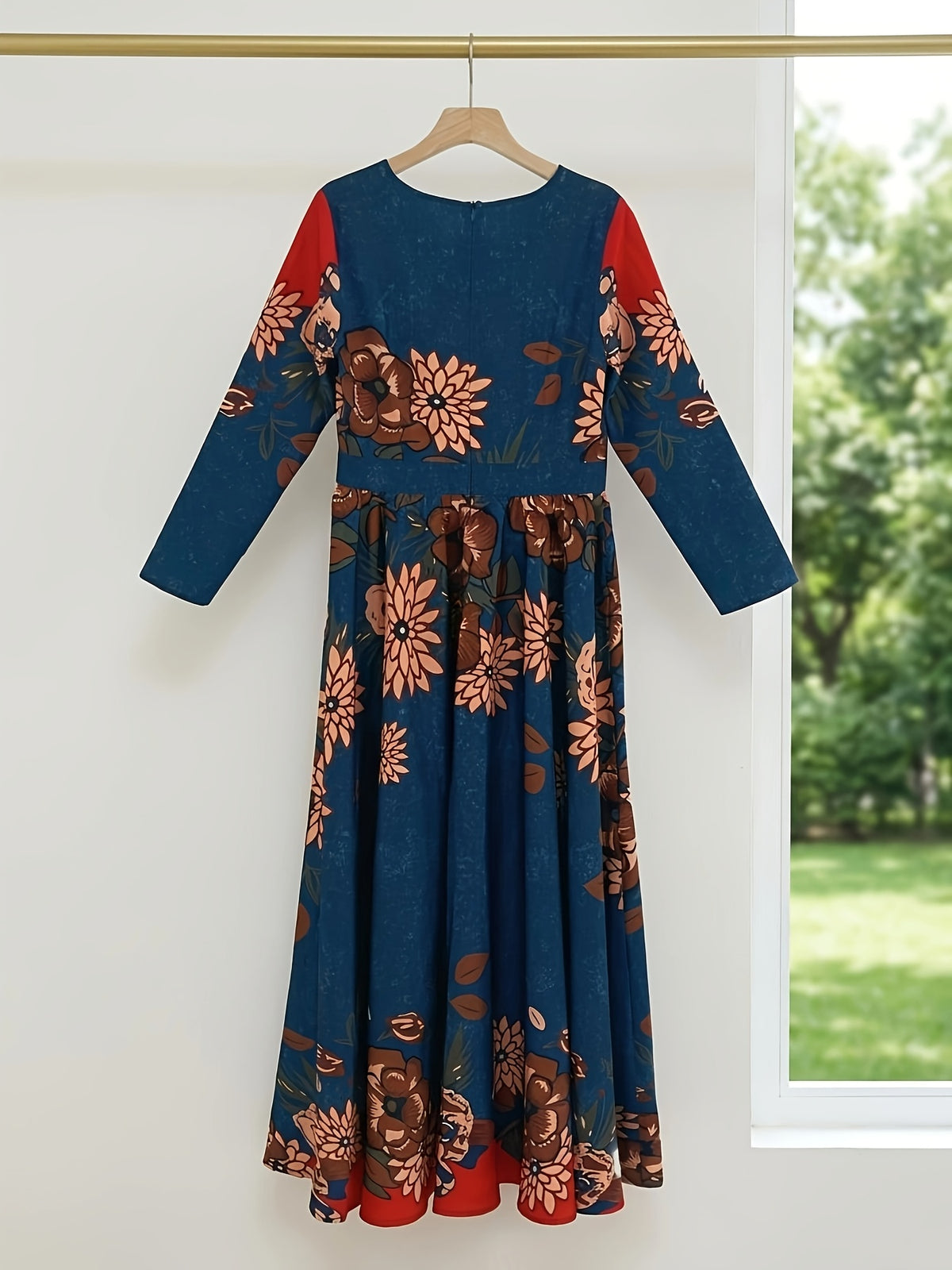Women's Floral Print V-Neck Maxi Dress A-Line Long Sleeve Spring Autumn Fashion Multicolor S-XXL