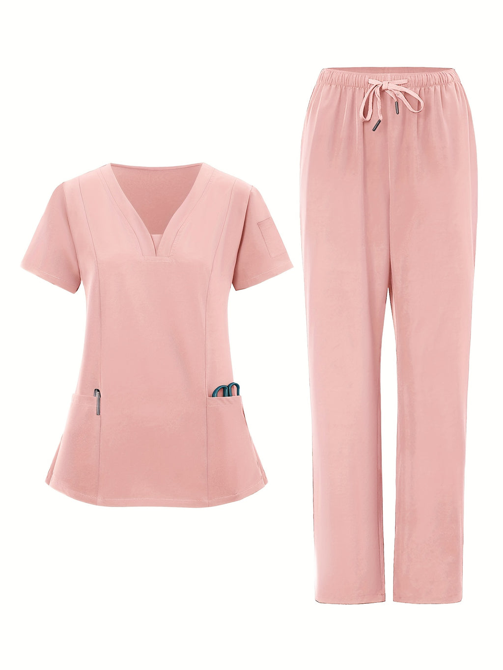 2pcs Women's V-Neck Work Uniform Set Breathable Pocket Top & Pants - Machine Washable Matching Scrub Suit for Healthcare, Education, Retail Casual Professional Attire