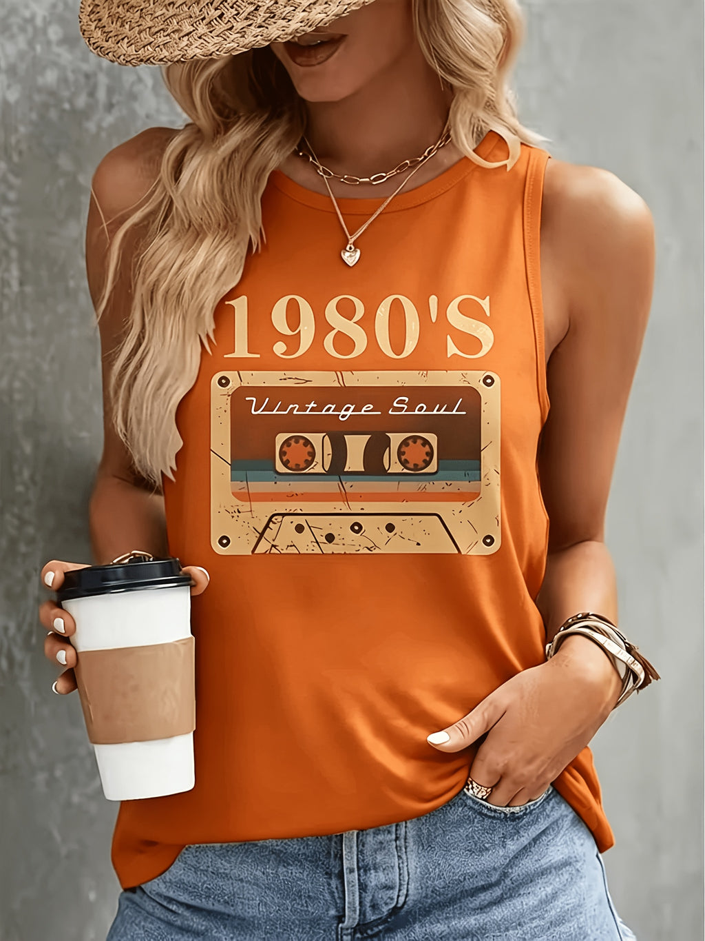 1980s Vintage Cassette Graphic Tank Top Women Retro Print Sleeveless Tee Casual Summer Beach Vacation Party Top