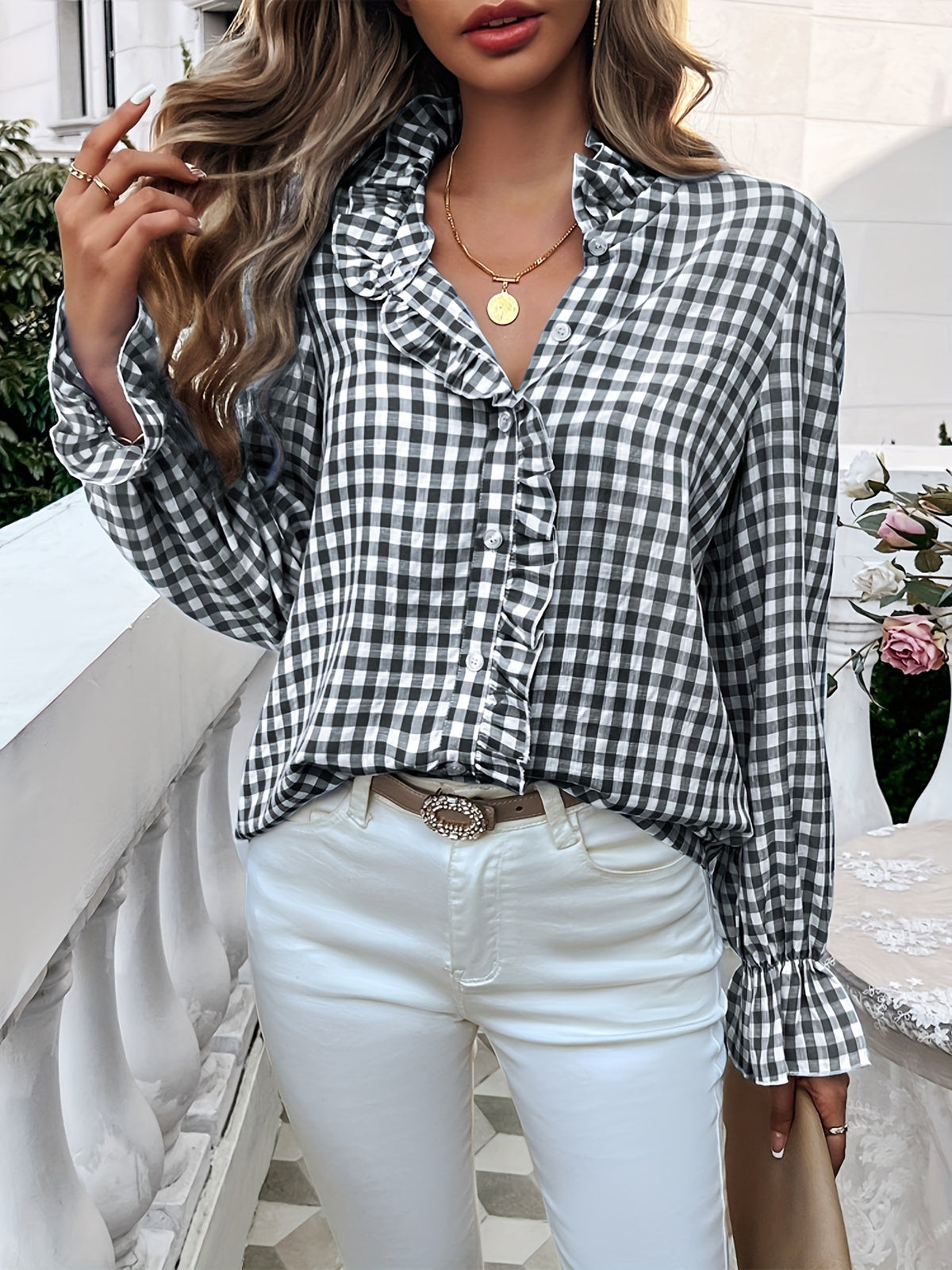 Women's Professional Business Blouse French Contrast Button-Down Shirt Fall Winter Office Top