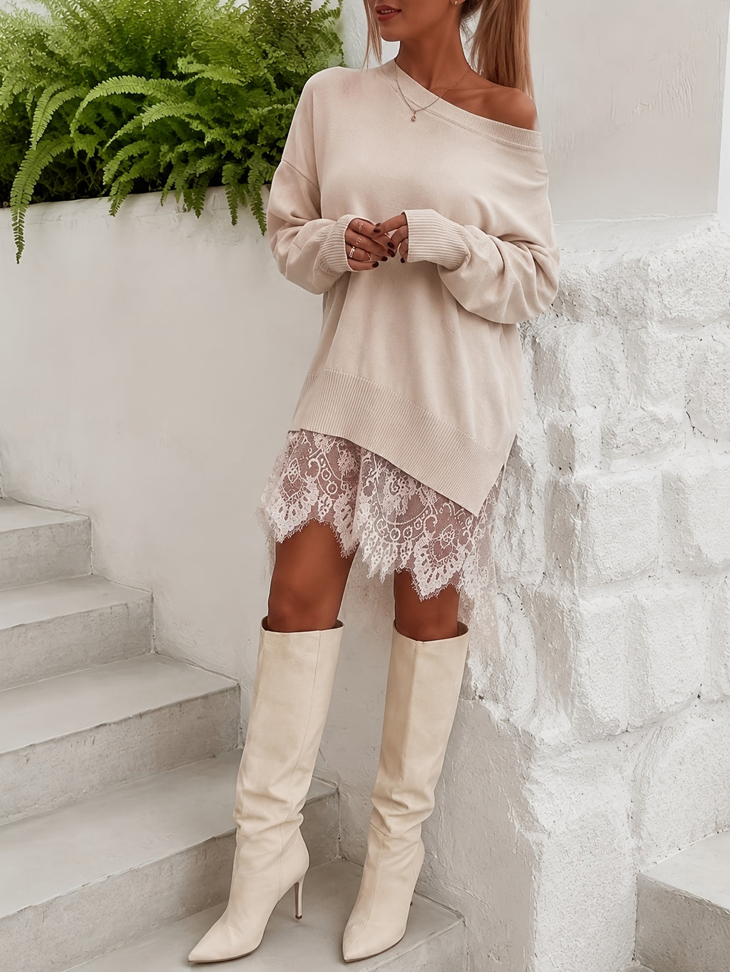 Off Shoulder Sweater Dress Women Lace Hem Long Sleeve Knit All Season Casual Elegant Daily Brunch Vacation Office Party Smooth Knit 180g