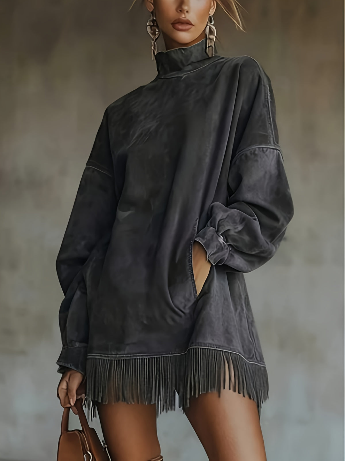 Fringed High Neck Long Sleeve Midi Dress Women | Retro Tassel Pleated Skirt | Loose Casual Dress XS-L