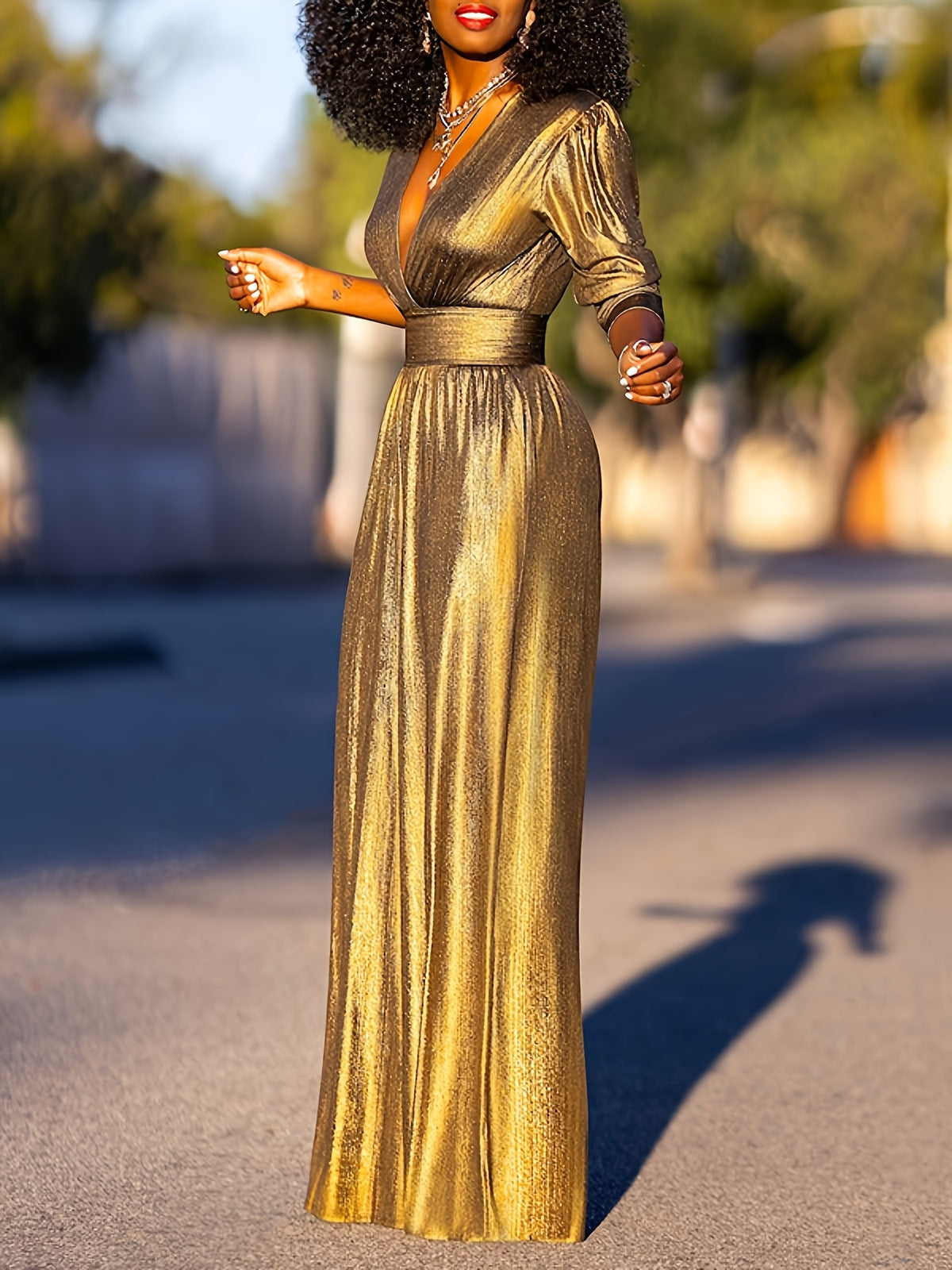 Shiny Wide Leg Jumpsuit for Women Elegant Deep V Neck High Waist Palazzo Pants Jumpsuit Three Quarter Sleeve Formal Party Evening Wedding Outfit Solid Color