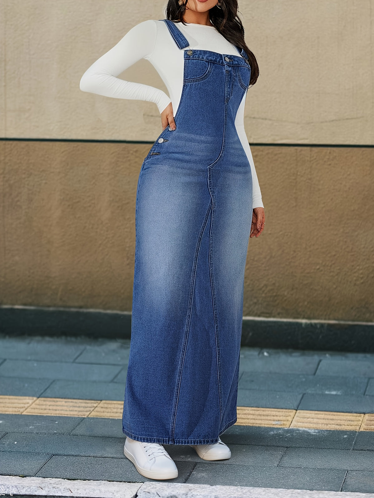 Women's Denim Maxi Dress Loose Fit Detachable Strap Button Closure Casual Chic Long Dress Spring Summer Fall