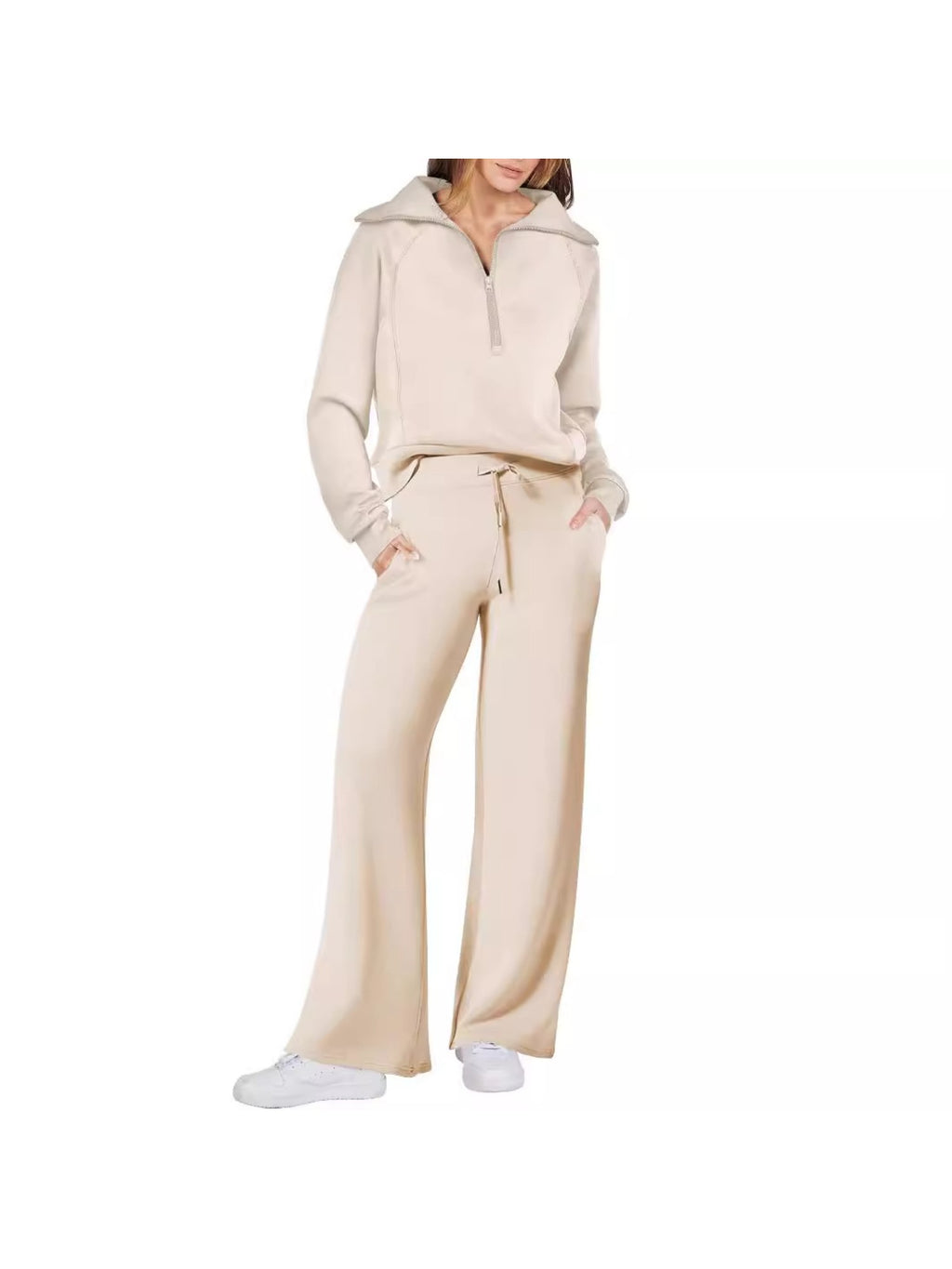 Zipper Sweatshirt Wide-Leg Pants 2 Piece Set Women Casual Tracksuit Outfit for Spring Fall - Loose Fit Jogger Co-ord Set