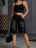 High Waist Ripped Denim Shorts Women Black Straight Leg Elastic Waist Vintage Frayed Hem Stretch Casual Spring Summer
