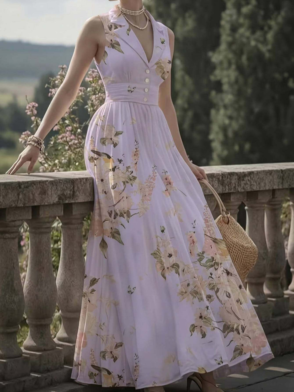 Vintage Print Lapel Dress Women Sleeveless Waist-Cinching Elegant A-Line Dress Spring Summer Date Afternoon Tea Semi-Formal Dress S-XXL