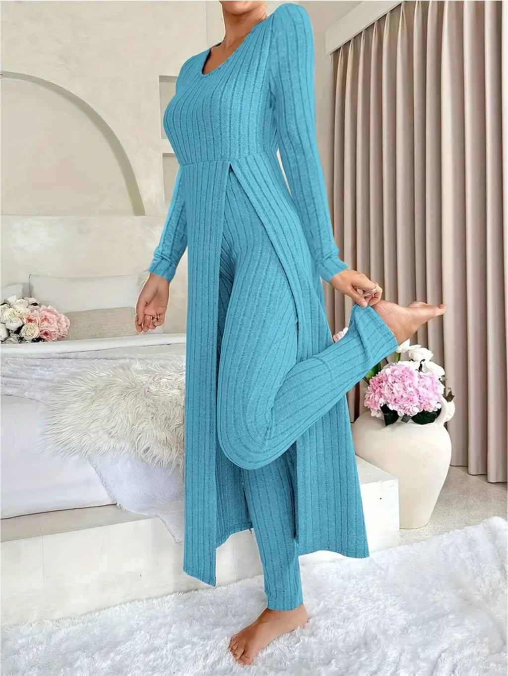 Heavyweight Fleece Lounge Set Women Oversized Long Sleeve Wide-Leg Pants Cozy Winter Two-Piece Ribbed Minimalist S-XL