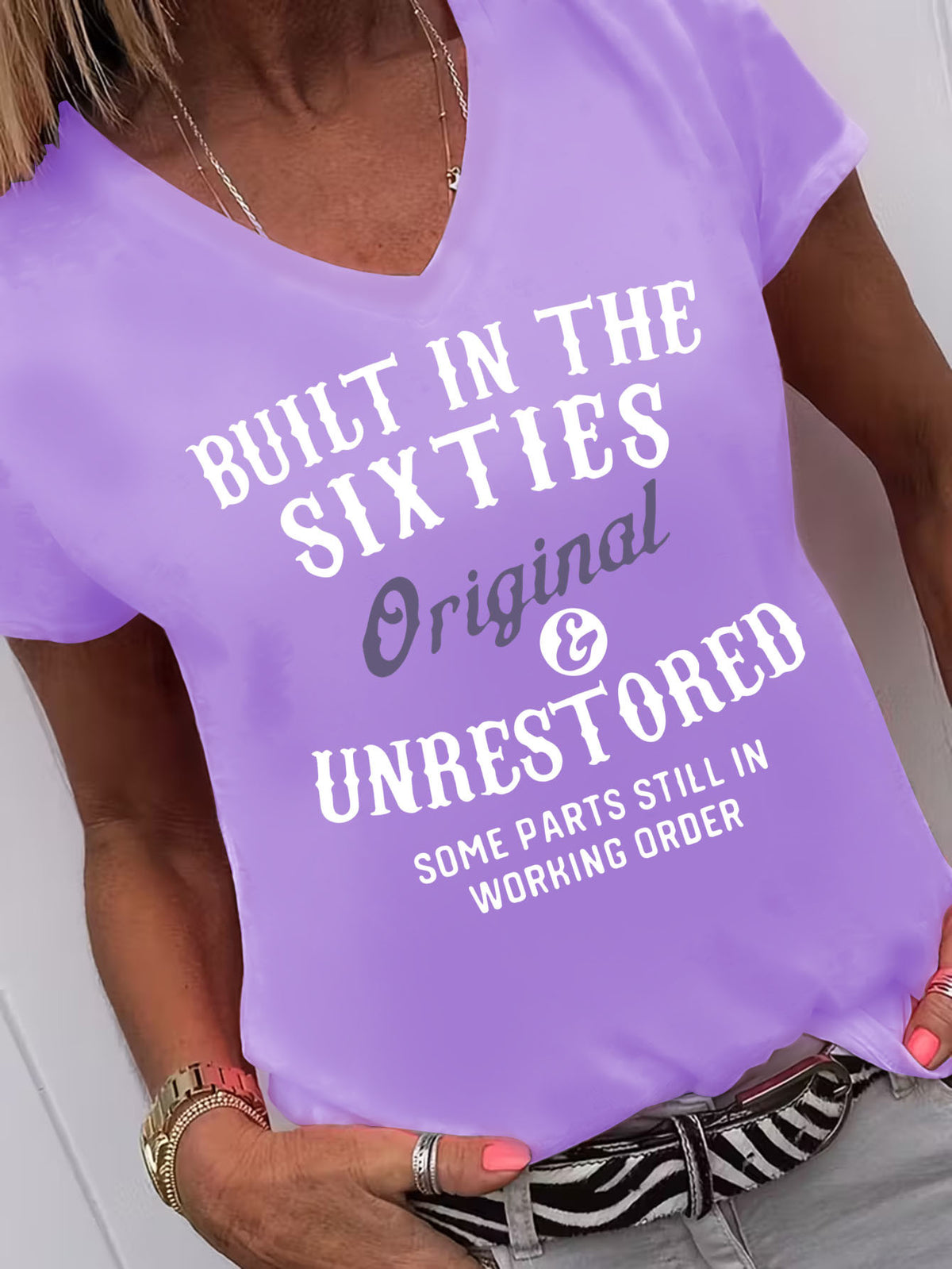 Vintage 60s Built in the Sixties Women T-Shirt Retro Heart Print V-Neck Casual Graphic Tee Soft Stretch Gift Birthday Christmas