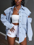 Shoulder Cutout Distressed Denim Jacket Women Mid Length Relaxed Fit Lapel Single Button Spring Autumn Light Blue