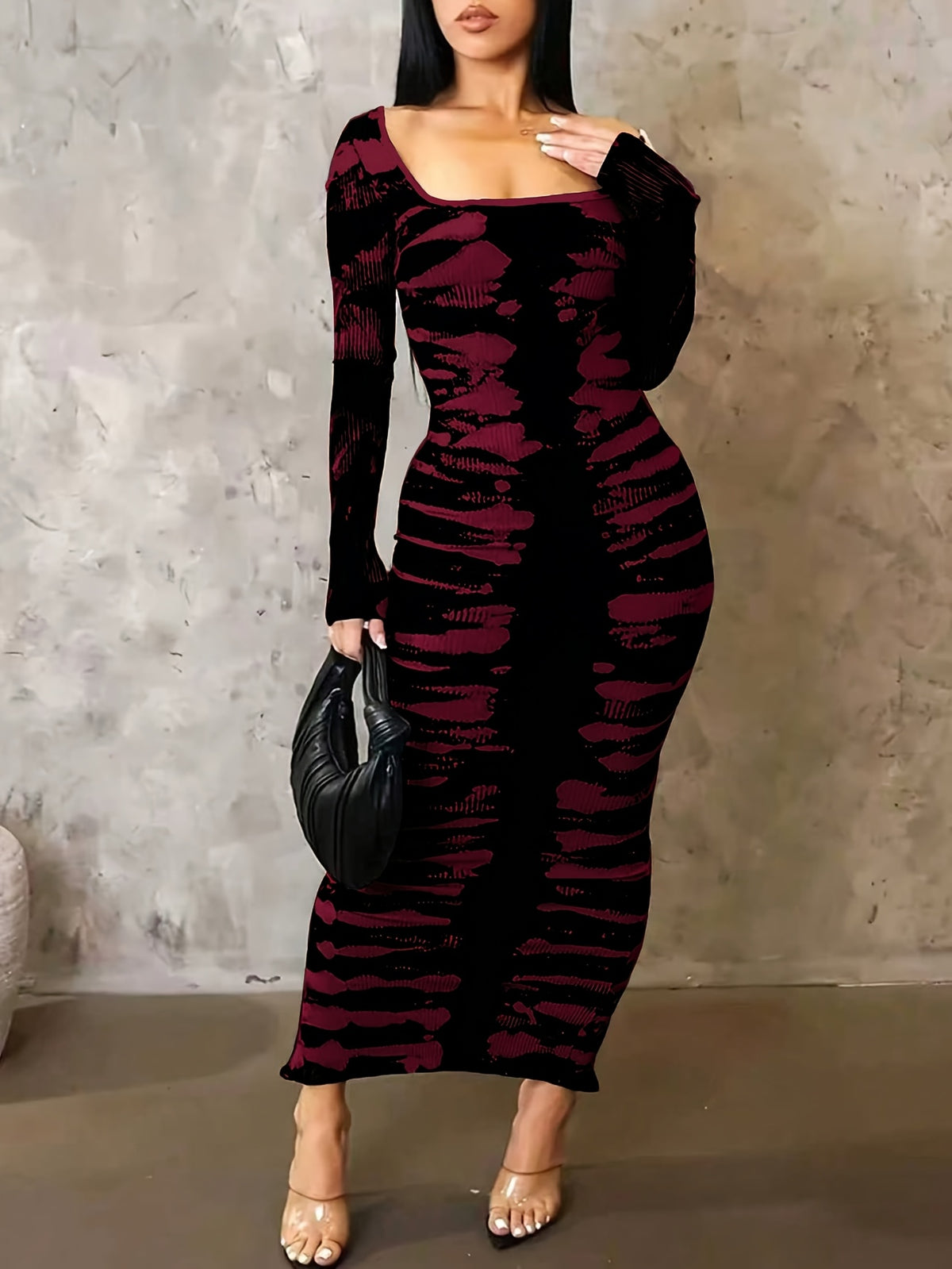 Tie-Dye Bodycon Maxi Dress Women Long Sleeve Ankle Length Contrasting Print Figure-Hugging Sexy Elegant Long Dress
