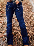 Women's High Waist Flared Jeans Punk Button Detail Fitted Denim Pants Edgy Street Style