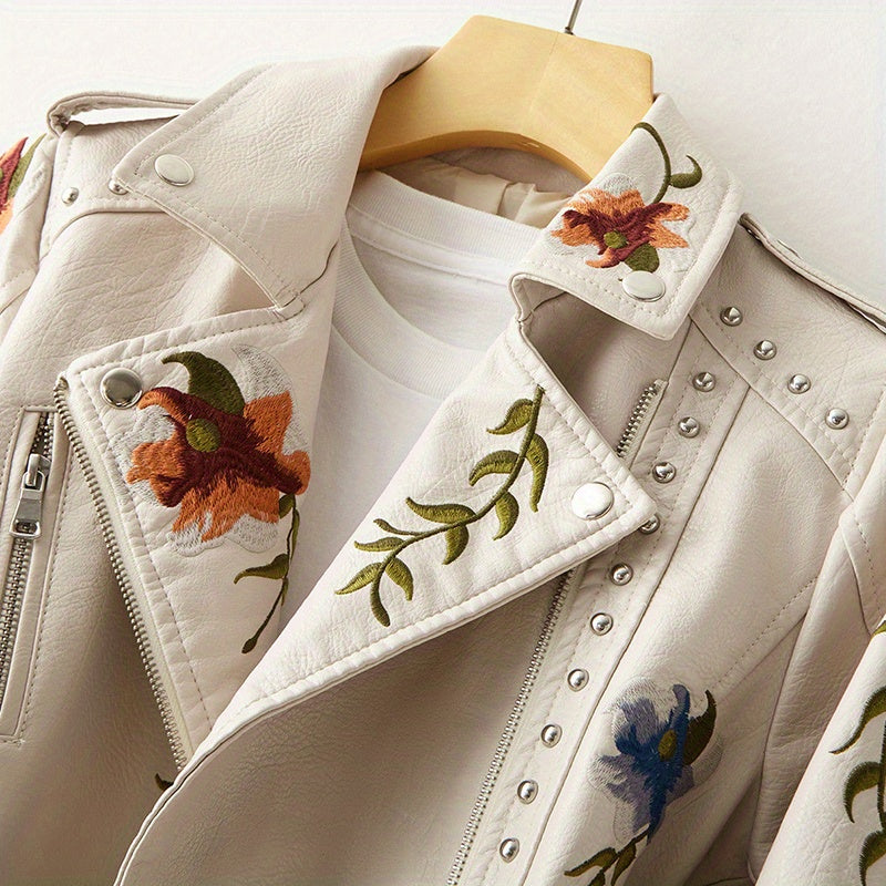 Floral Embroidered Moto PU Jacket Women Studded Faux Leather Coat Casual All Season Streetwear Biker Jacket