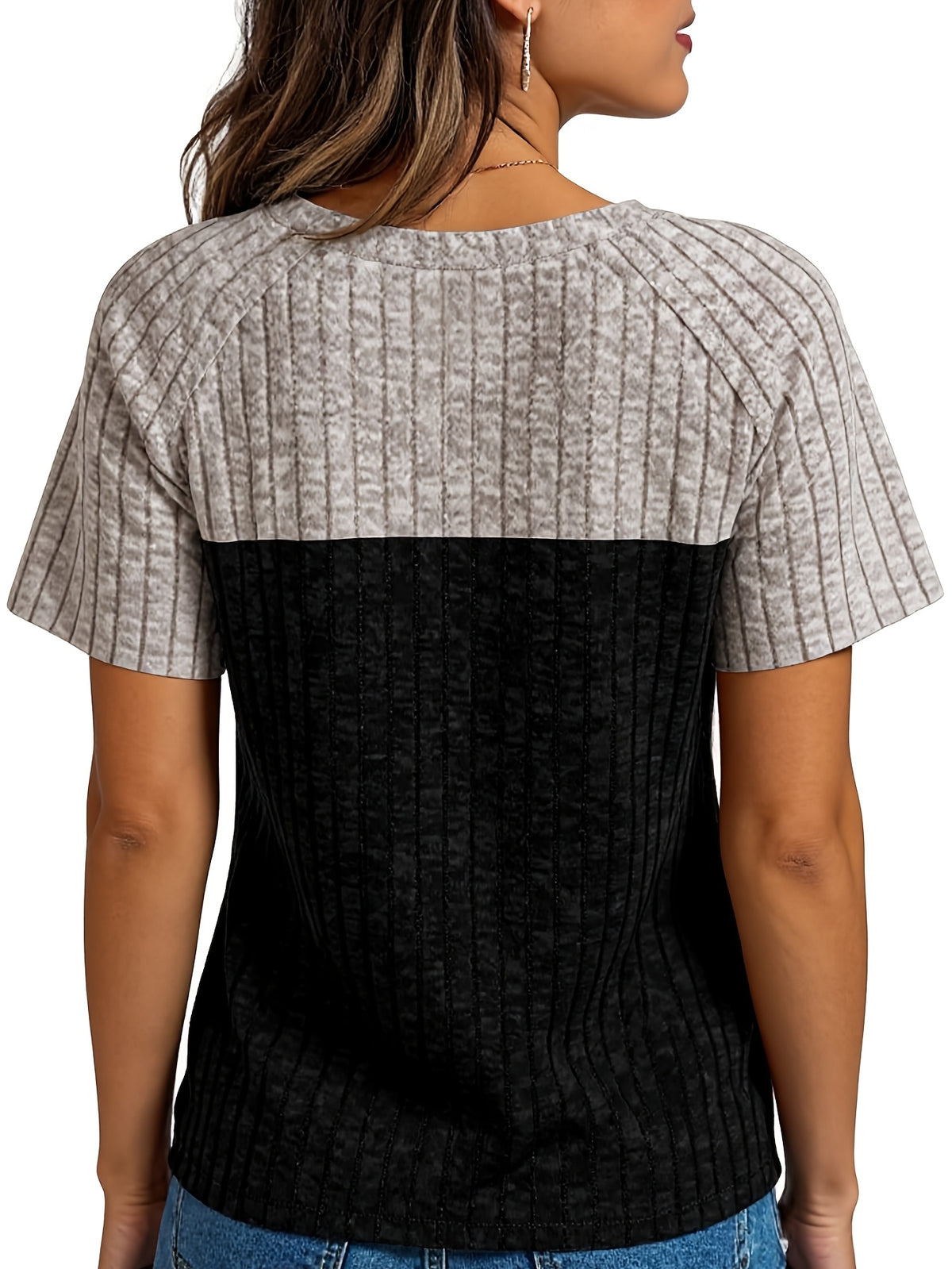Two-Color Colorblock Pullover Top Women Round Neck Tie Button Short Sleeve Loose Casual Elegant Basic Shirt S-XXL