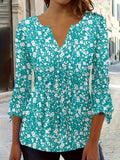 Women's Floral Print Notched Neck Blouse Flare Sleeve Spring Fall 100% Polyester Machine Washable Mineral Green S-XL