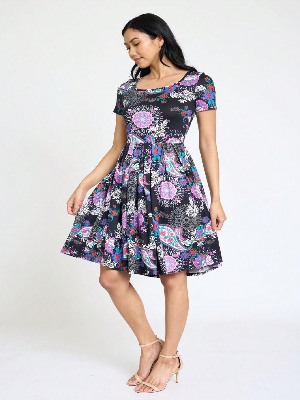 Paisley Floral Swing Dress Women Chevron Stripe Patchwork Pleated Square Neck Elastic Waist Midi Casual Plus Size S-3X