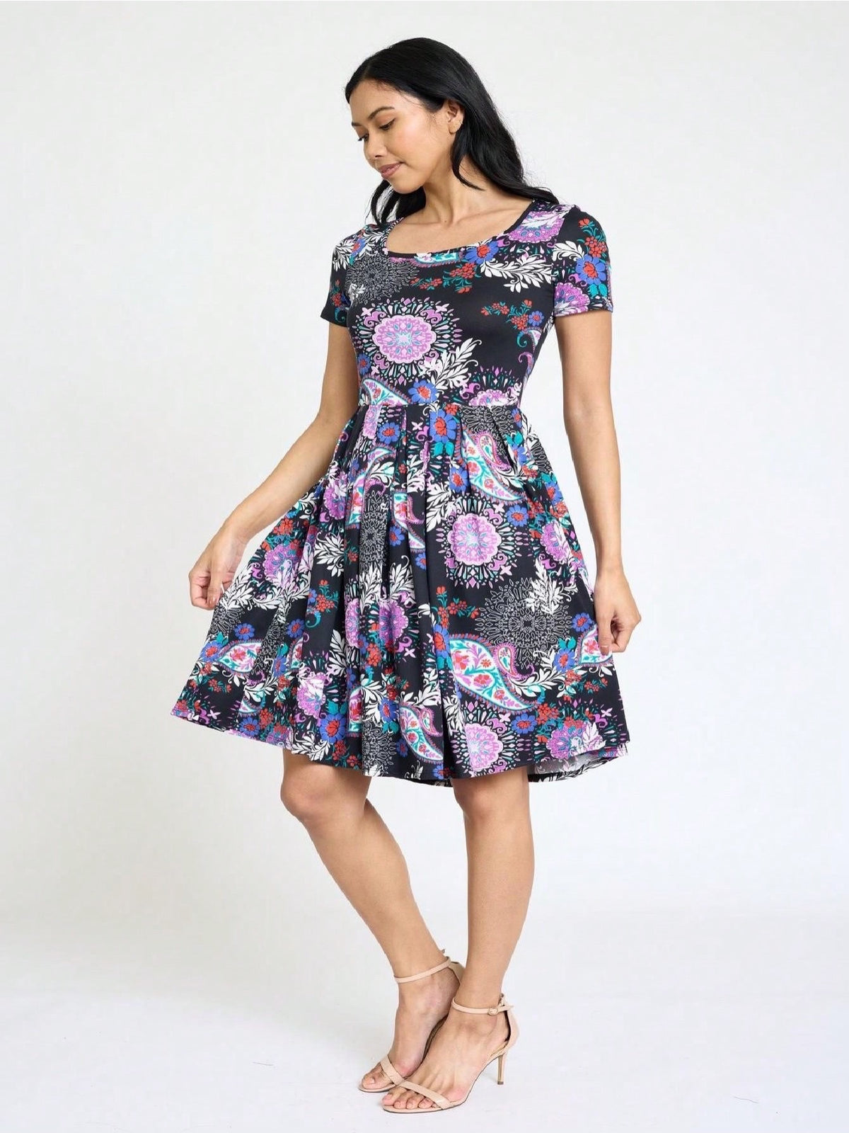 Paisley Floral Swing Dress Women Chevron Stripe Patchwork Pleated Square Neck Elastic Waist Midi Casual Plus Size S-3X