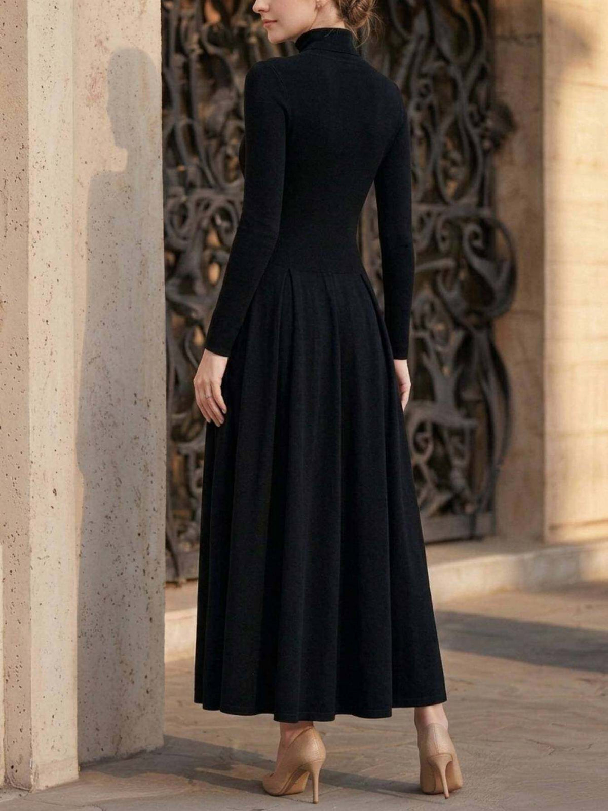 High Neck Long Sleeve Fitted Maxi Dress Women Elegant Black Pleated Hem Office Date Fall Winter Formal Dress Smooth Fit S-XXL