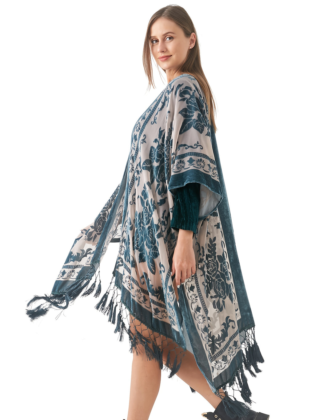 Boho Burnout Velvet Kimono Women Long Cardigan Cover Up Tassel Floral Embroidered One Size