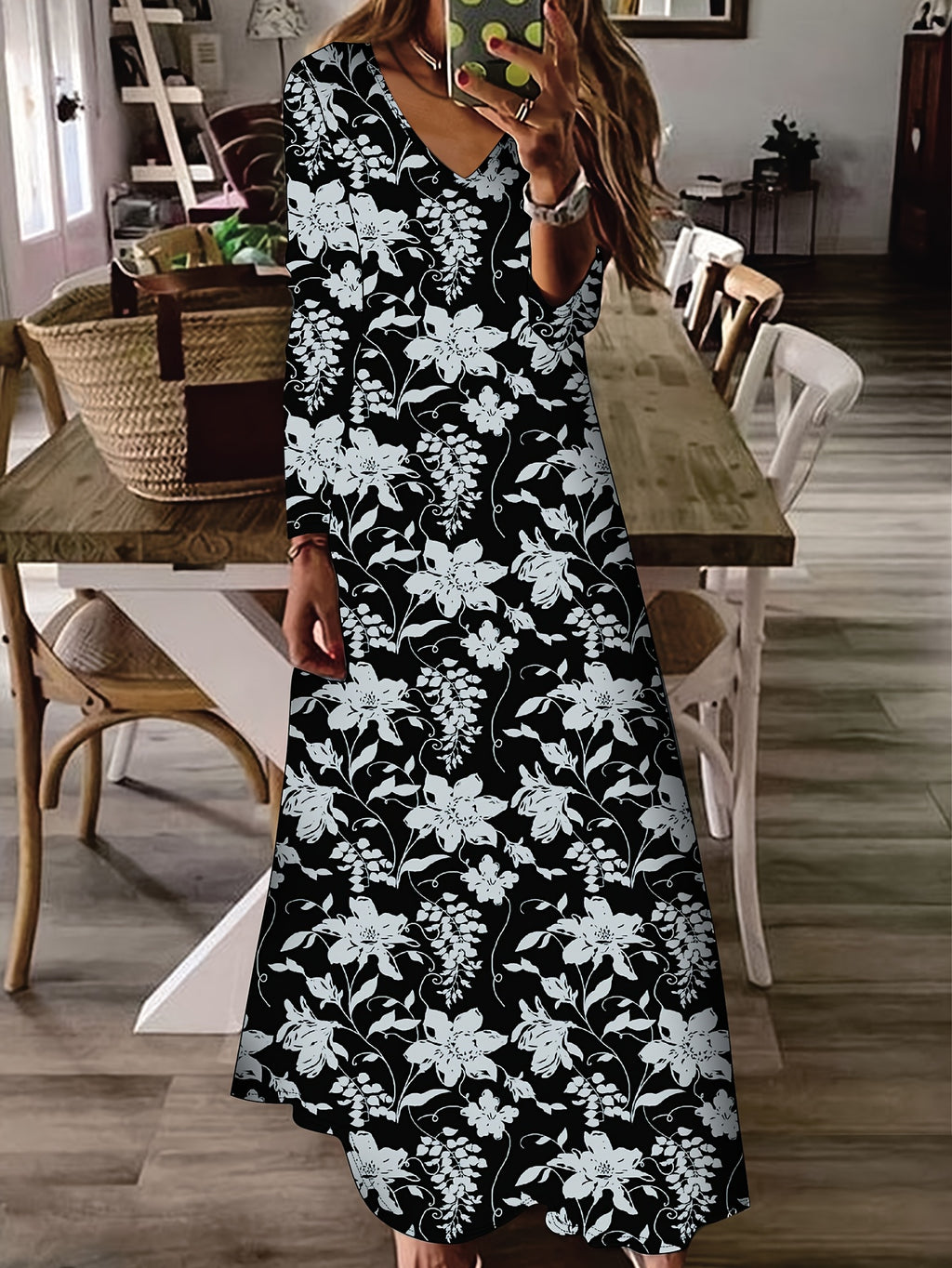 Ditsy Floral V-Neck Long Dress for Women - Thin Elegant Lightweight Spring Summer Fall Holiday Dress, 95% Polyester Stretch Flowy Maxi S-XXL