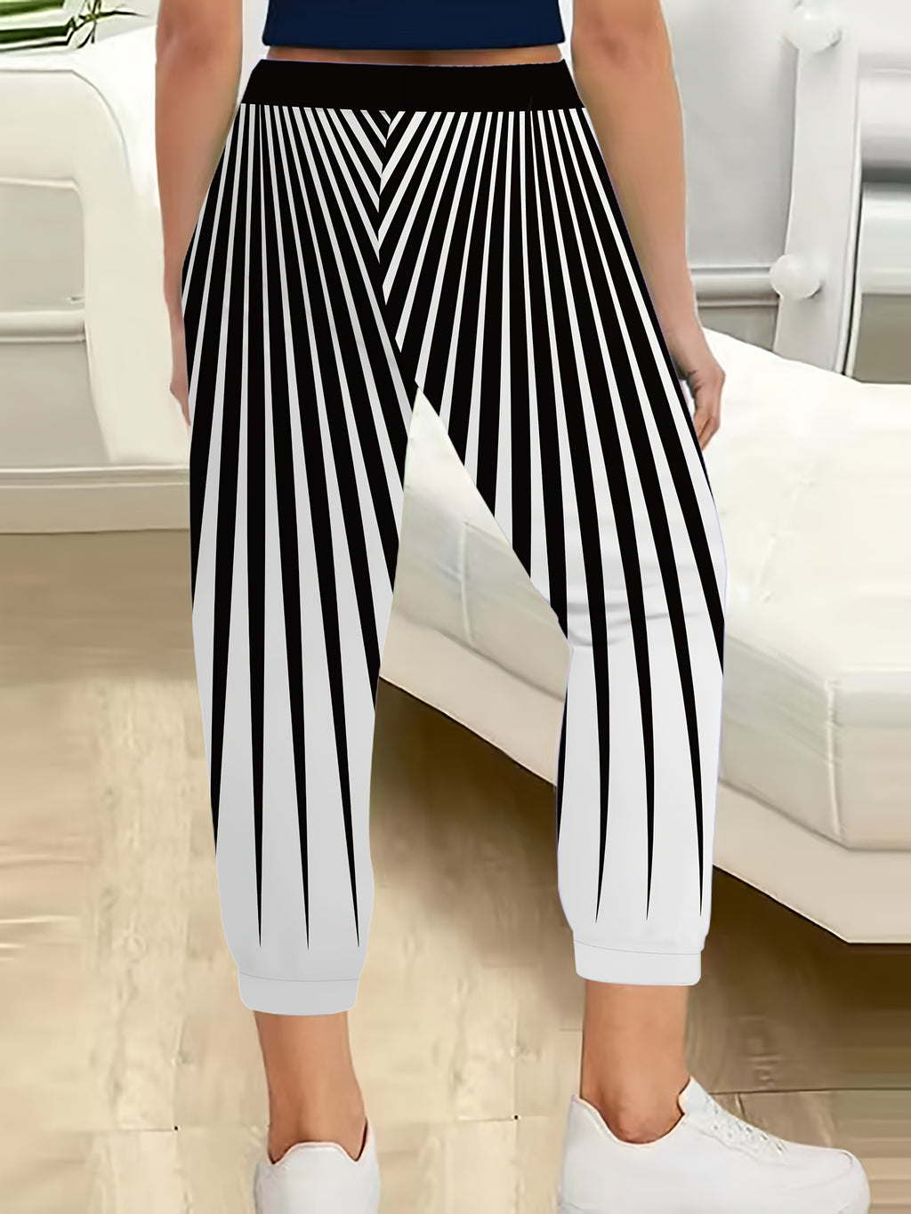 Stripe Tapered Pants for Women Elastic Waist Cuff Casual Summer Trousers Vertical Stripe Beach Office Vacation Lightweight