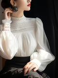 Women's Mesh Cut-Out Blouse Solid Color Form-Fitting Top Chic Casual Fall Winter Designer-Inspired