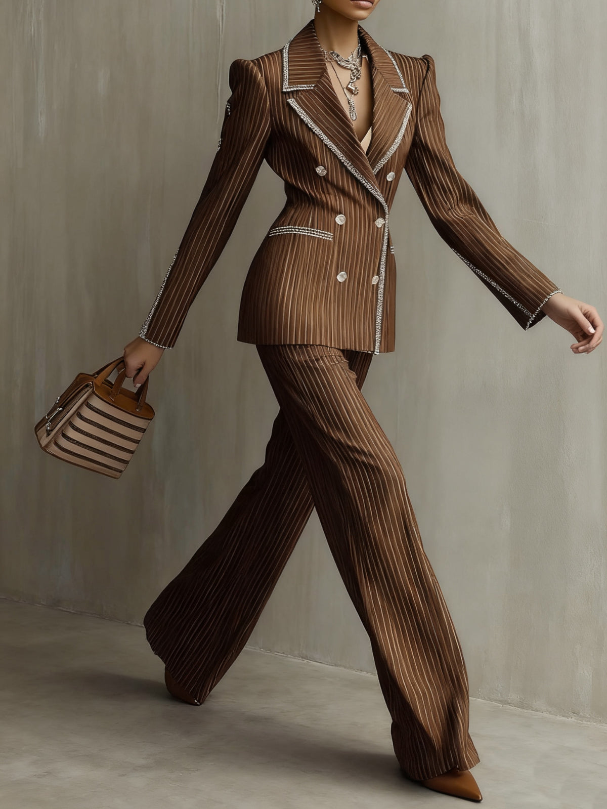 Brown Striped Rhinestone Embellished Suit Set Women Glamorous Party Formal Social Occasion Mixed Colors S-XXL