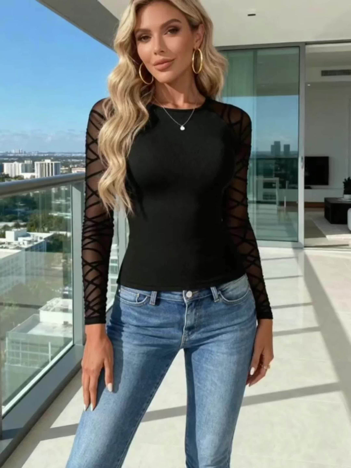 Mesh Panel Long Sleeve Slim Fit Top for Women Stretchy Contrast Mesh Round Neck Casual Spring Fall Office Party Viscose Blend Blouse