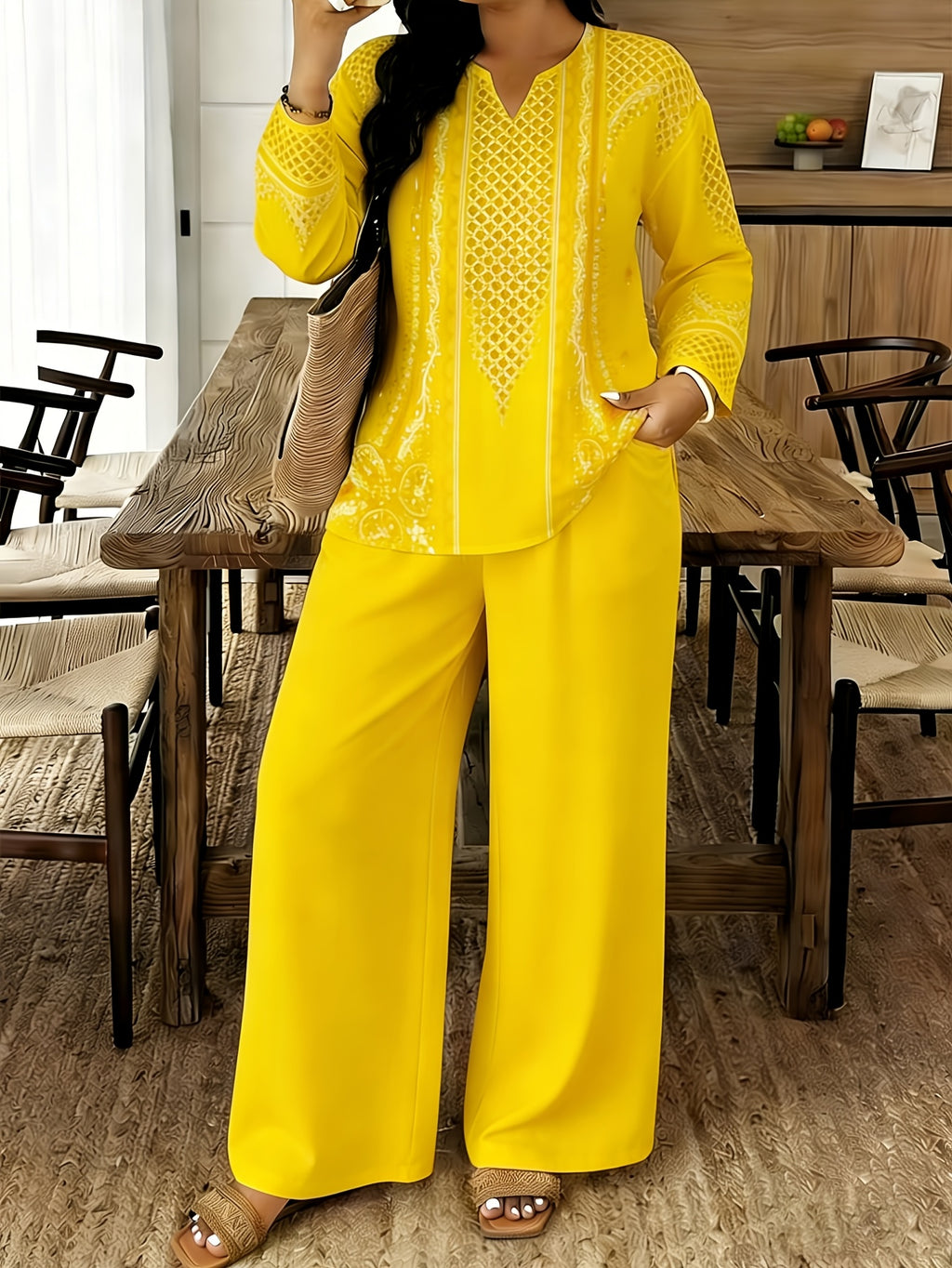 Women's 2-Piece Long Sleeve Printed Pants Set V-Neck Top Spring Summer Elegant Casual Outfit S-XXL
