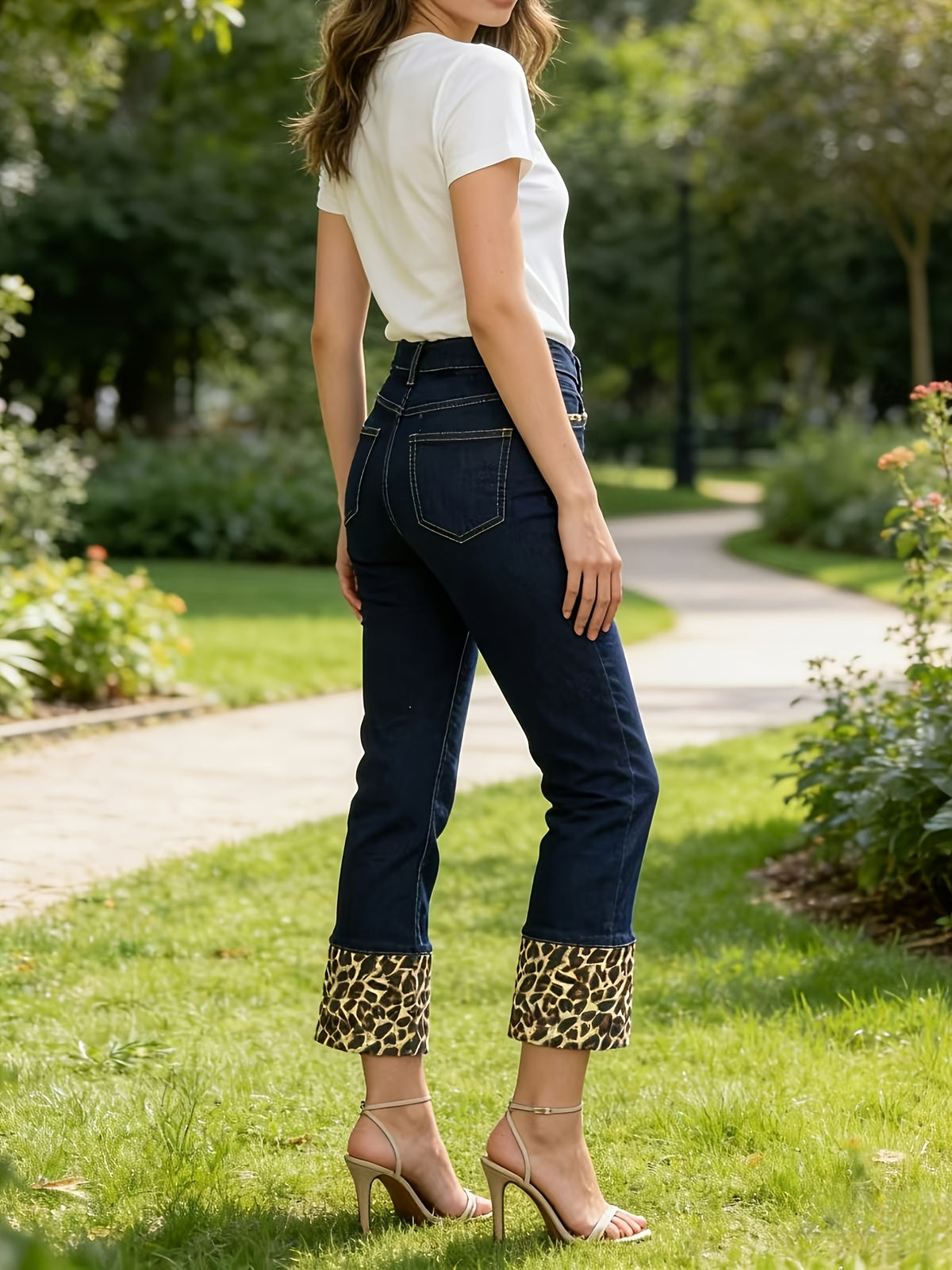 Y2K Leopard Print High Waist Butt Lifting Stretchy Jeans Women Dark Wash Casual Streetwear Denim Pants Deep Blue S-XXL