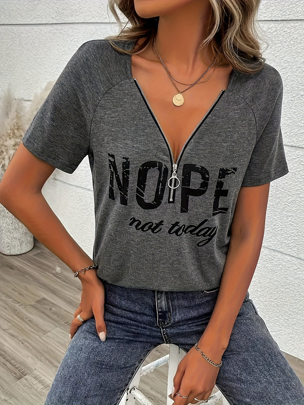 V-Neck Zip Detail Letter Print T-Shirt for Women - Soft Stretchy Casual Top Spring Summer Fall Everyday Wear