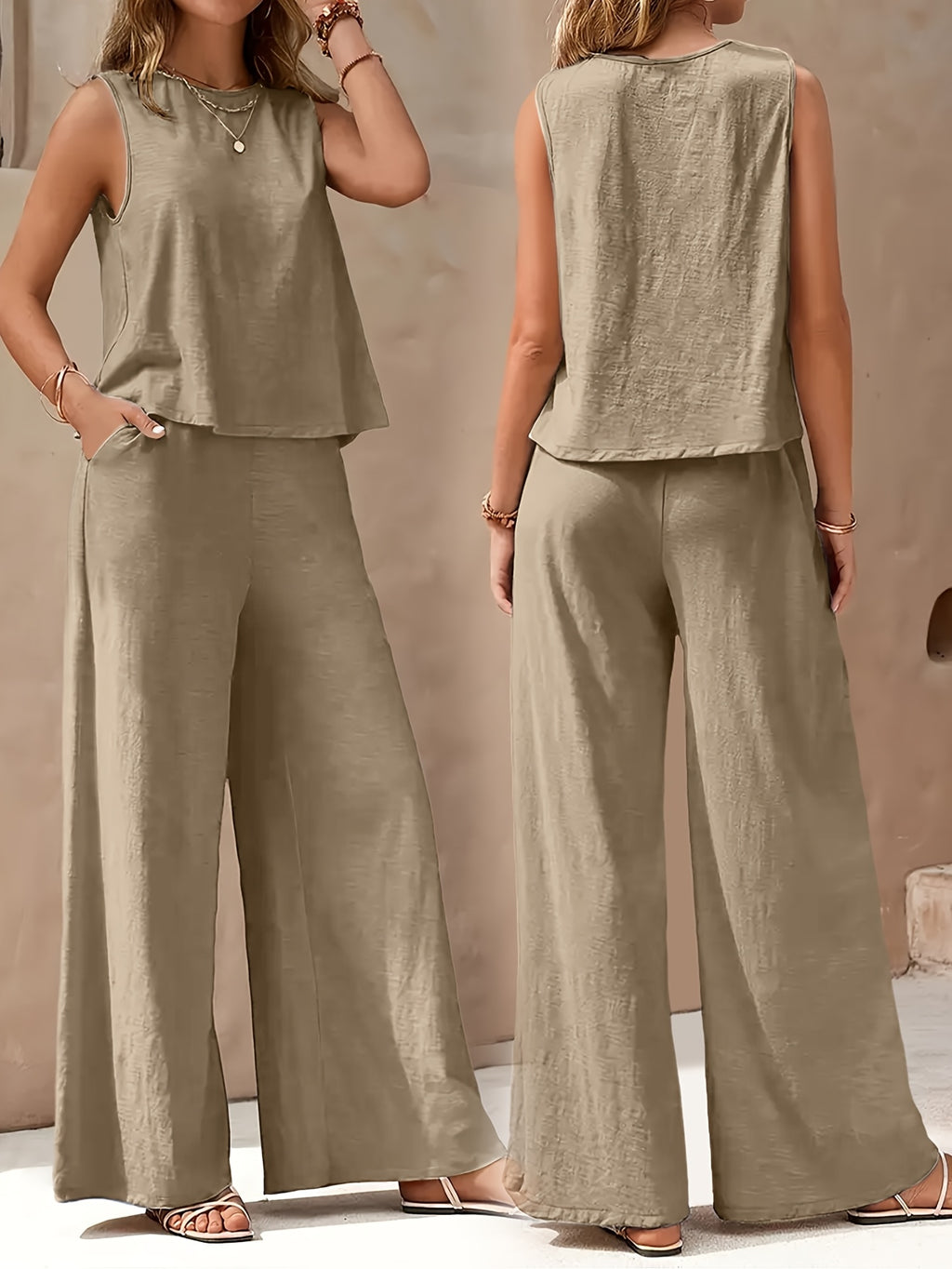 Red Sleeveless Top and Wide Leg Pants 2 Piece Set for Women – Solid Color Smooth Fabric Casual Elegant, Spring Summer, Sizes S-XXL