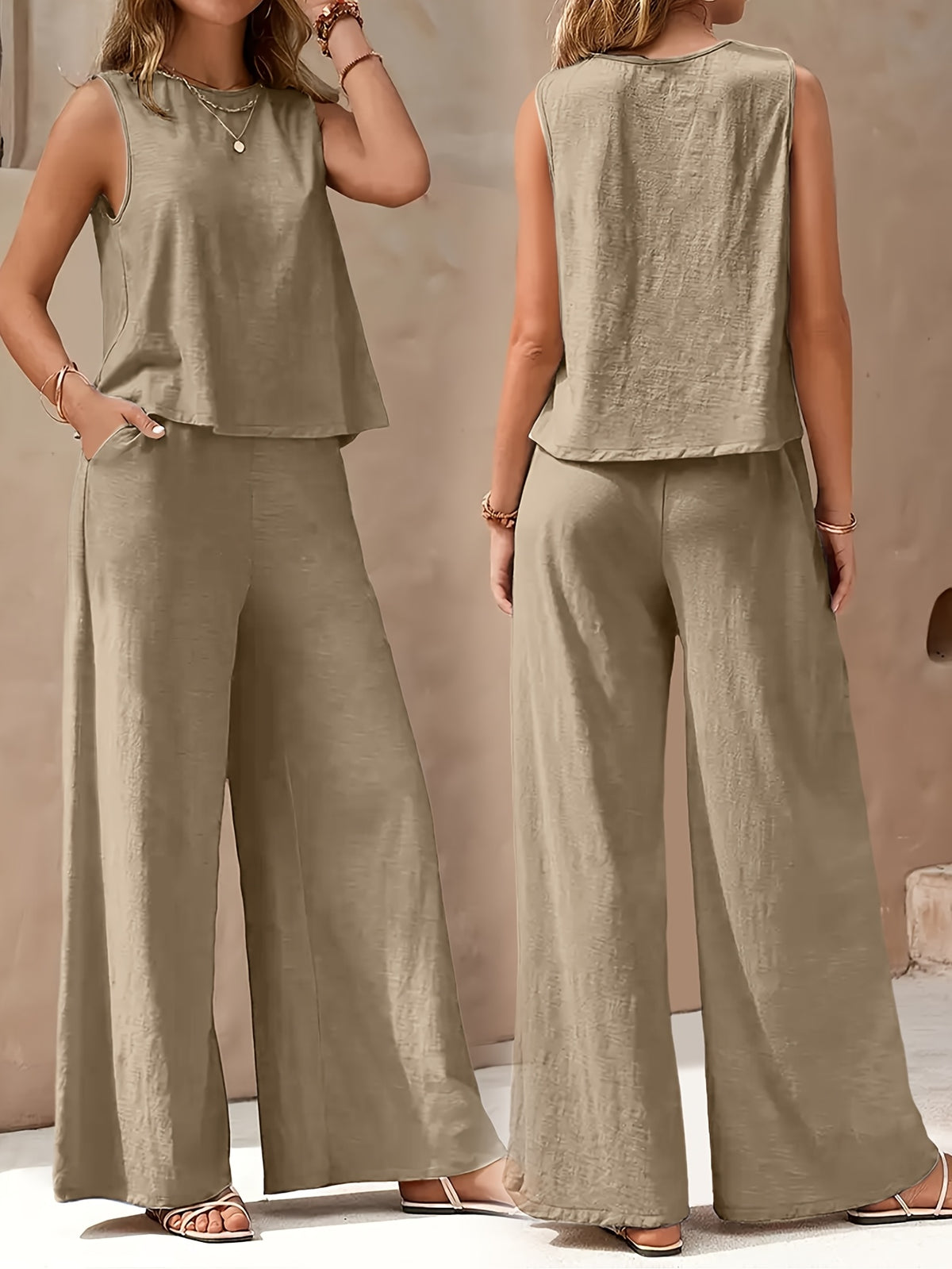 Red Sleeveless Top and Wide Leg Pants 2 Piece Set for Women – Solid Color Smooth Fabric Casual Elegant, Spring Summer, Sizes S-XXL