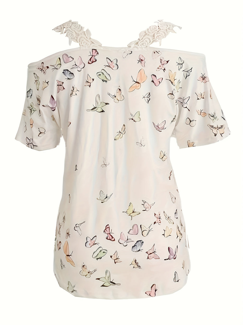 Butterfly Print Off Shoulder Top Women V-Neck Short Sleeve Casual White Blouse S-XXL
