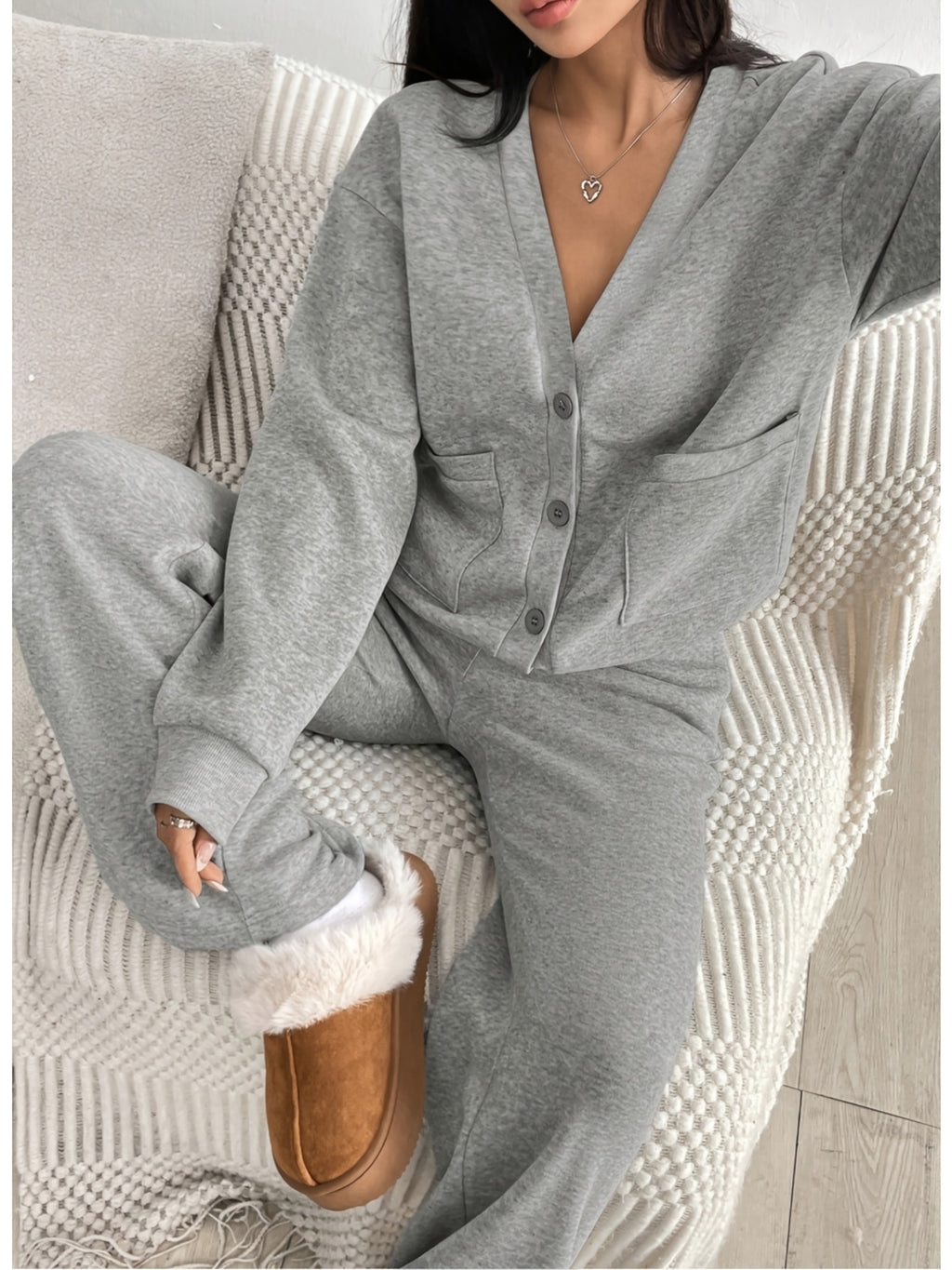 Women's 2-Piece Cardigan Jacket Wide-Leg Sweatpants Set Light Gray Button-Up Casual Loungewear Minimalist Autumn Winter Relaxed Outfit S-XXL