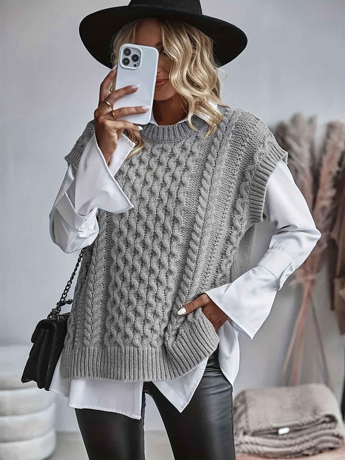 Cable Knit Sweater Vest Women Sleeveless Round Neck Slit Hem Solid Color Layering Top - Casual Semi-Formal Acrylic Knitwear Spring Summer Fall