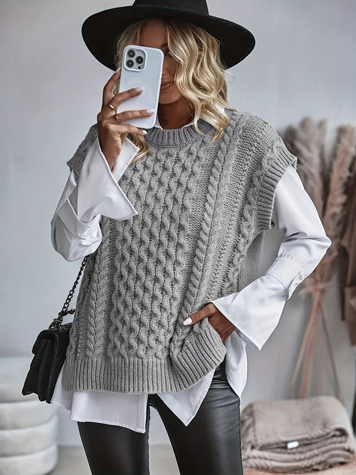 Cable Knit Sweater Vest Women Sleeveless Round Neck Slit Hem Solid Color Layering Top - Casual Semi-Formal Acrylic Knitwear Spring Summer Fall