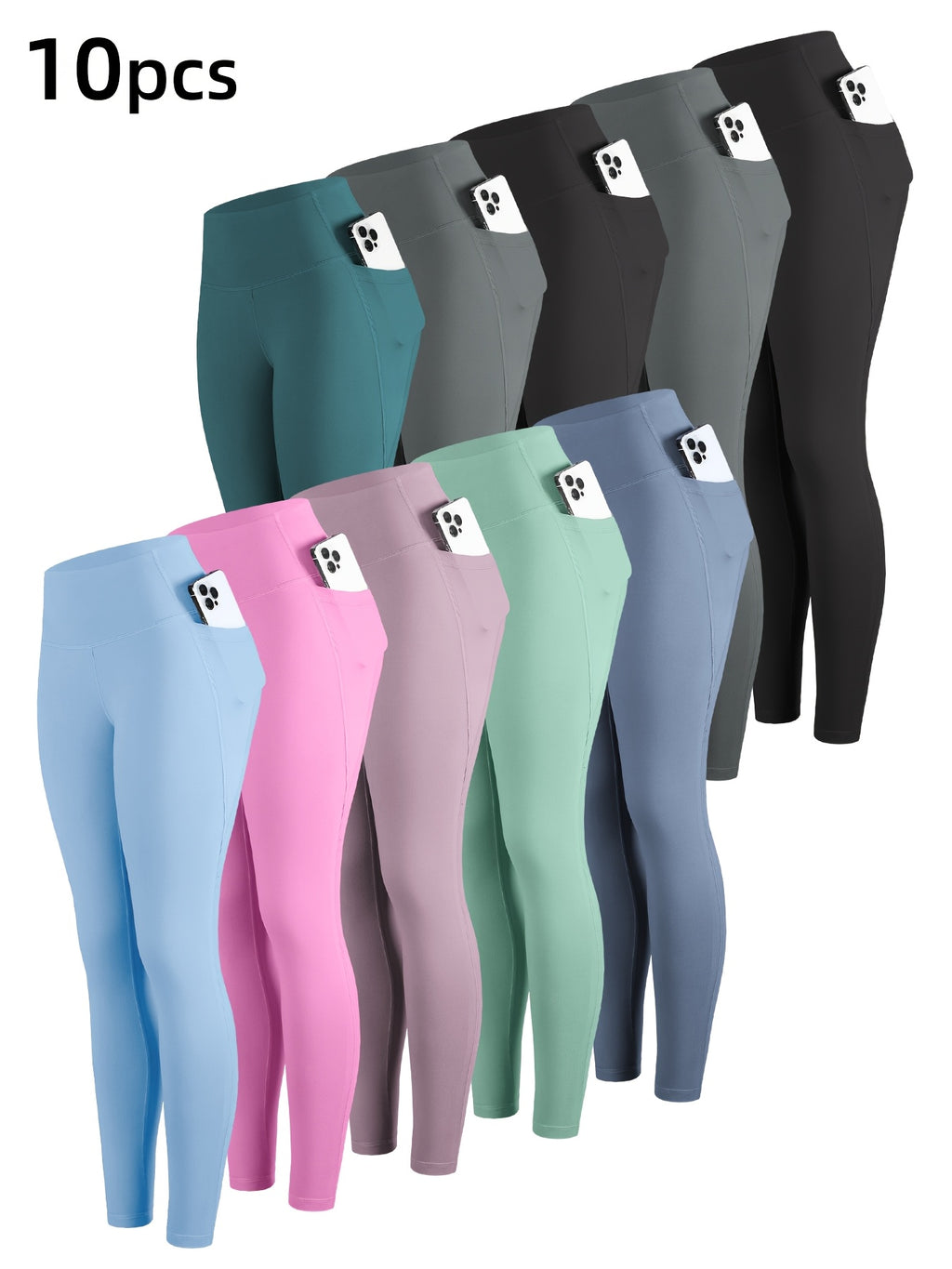 10pcs Solid Color High Waisted Leggings for Women – Cropped Tight Leggings with 2 Pockets, Multicolor
