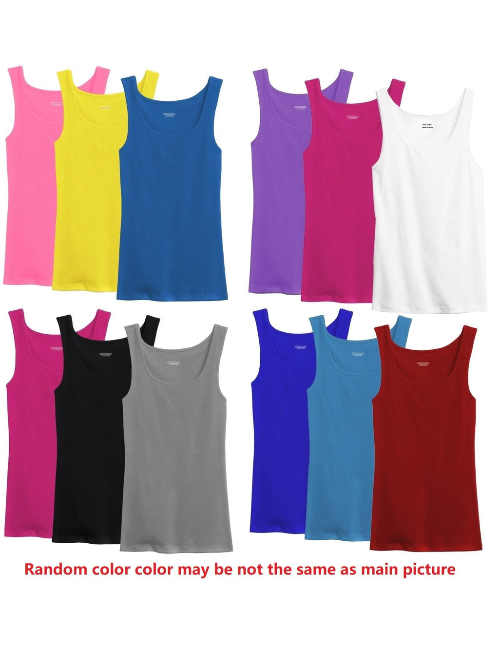 Women's 100% Cotton Ribbed Tank Top Sleeveless Round Neck Multi-Pack Random Colors 3-12pcs S-XXL