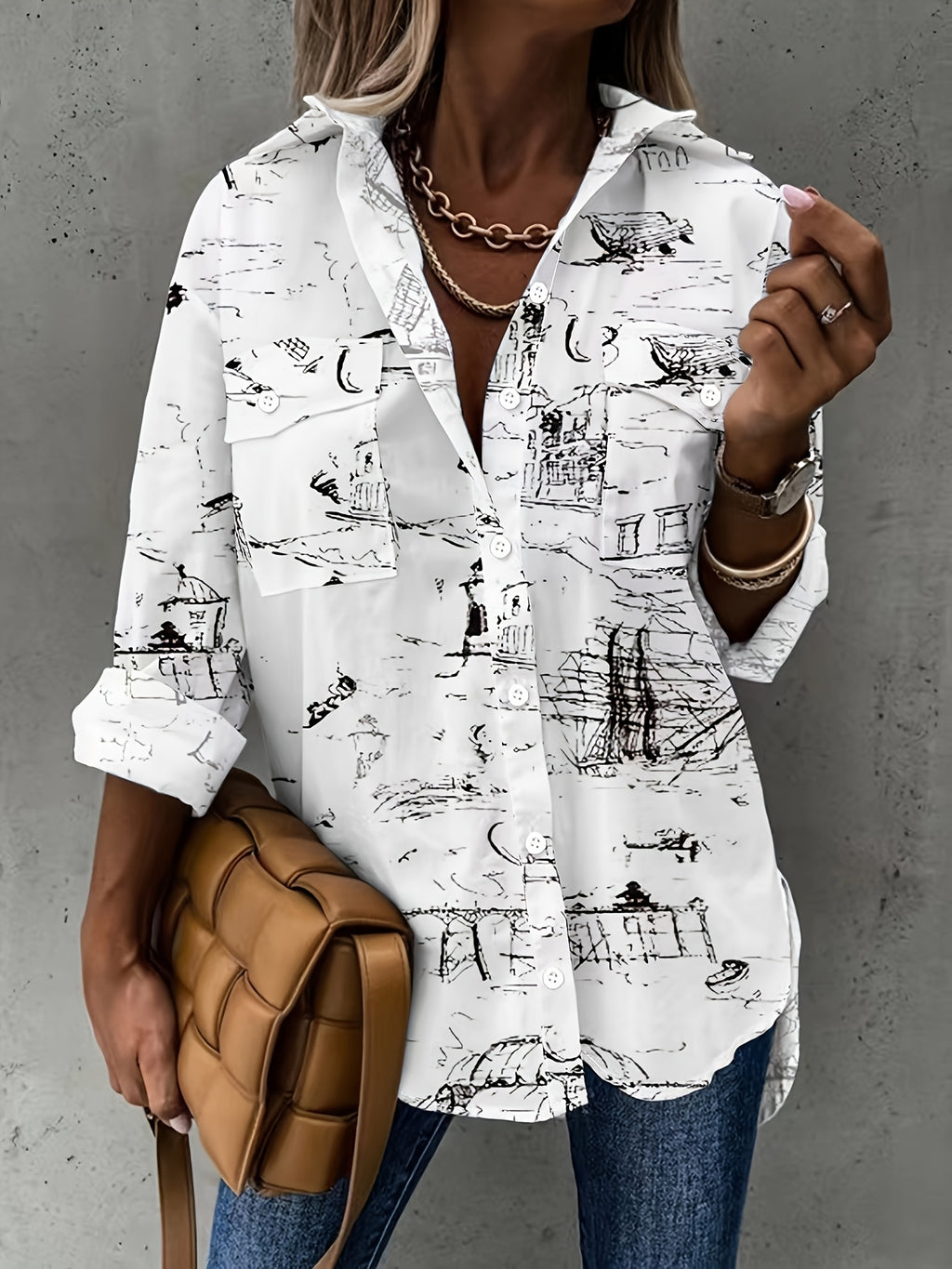 Long Sleeve Button-Up Shirt Women Chest Pocket Foldover Collar Solid Color Relaxed Fit Non-Stretch All Season Casual Blouse