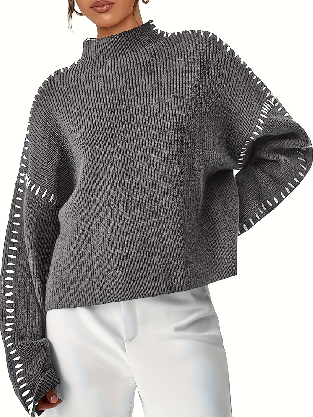 Chunky Knit Oversized Pullover Sweater for Women – Thick Warm Round Neck Long Sleeve Loose Casual Top for Autumn & Winter, Solid Color