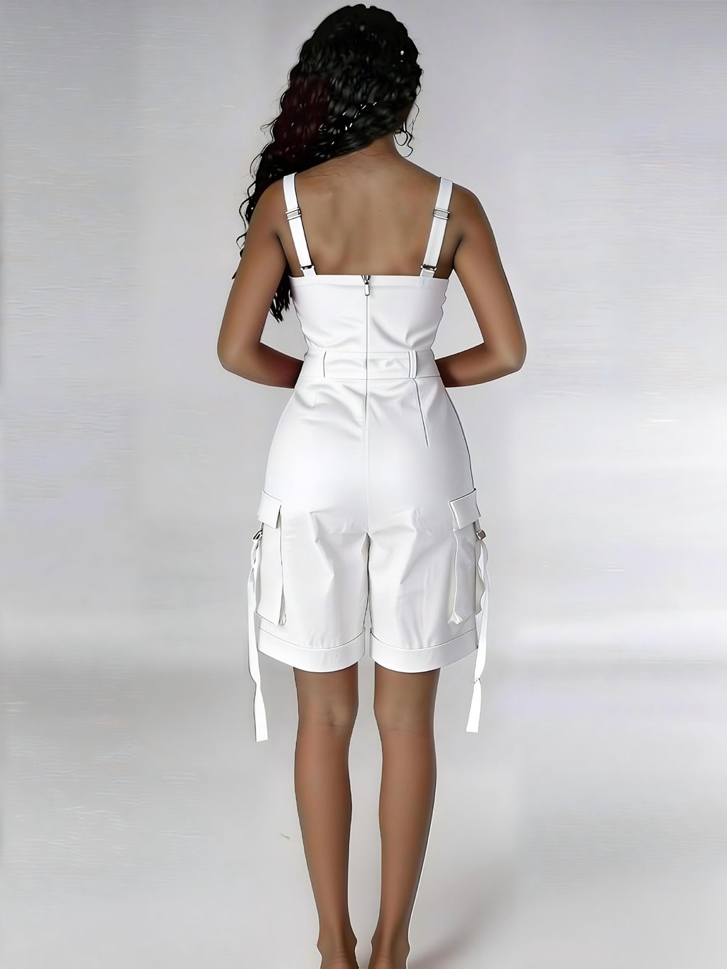 Cargo Romper Women Sleeveless Square Neck Suspender High Waist Wide Leg Overall Shorts Jumpsuit with Pockets Summer Casual Streetwear Rose Red Black White Green S-XXL