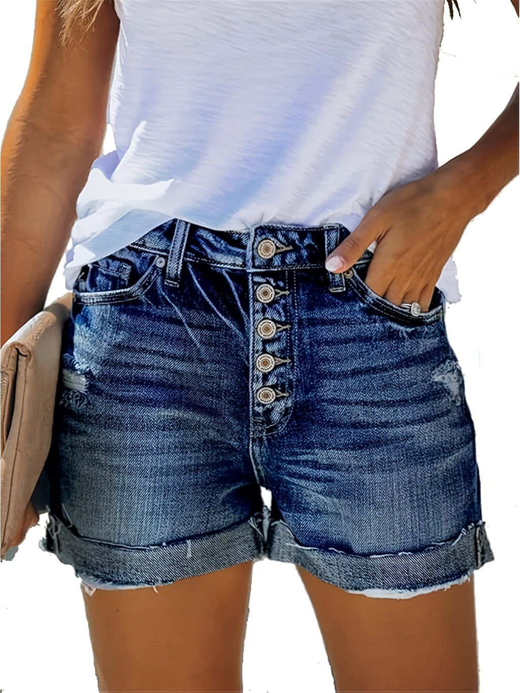 Stretchy Ripped Denim Shorts Women High Waist Slim Fit Frayed Hot Pants Casual Street Style Deep Blue Light Blue S-XXL