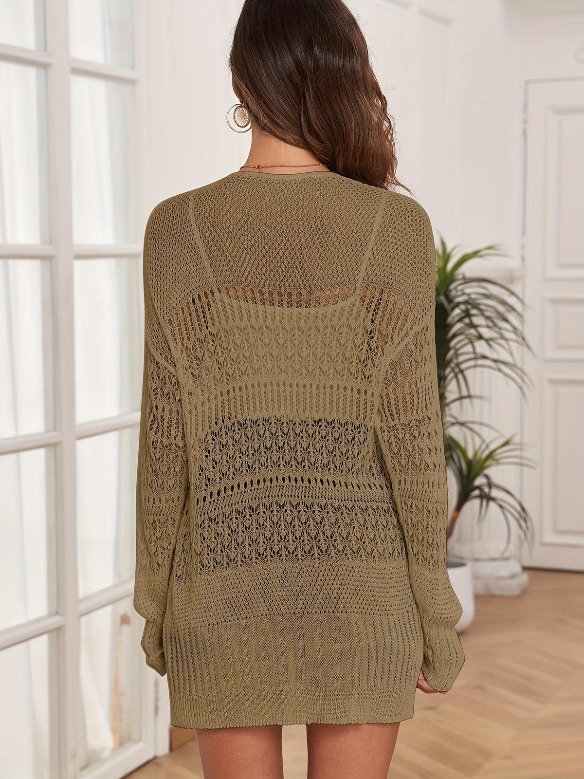 Women's Crochet Cardigan Kimono Long Sleeve Lace Up Front Lightweight Open Front Sweater Layering Top Spring Fall Beach Cover Up