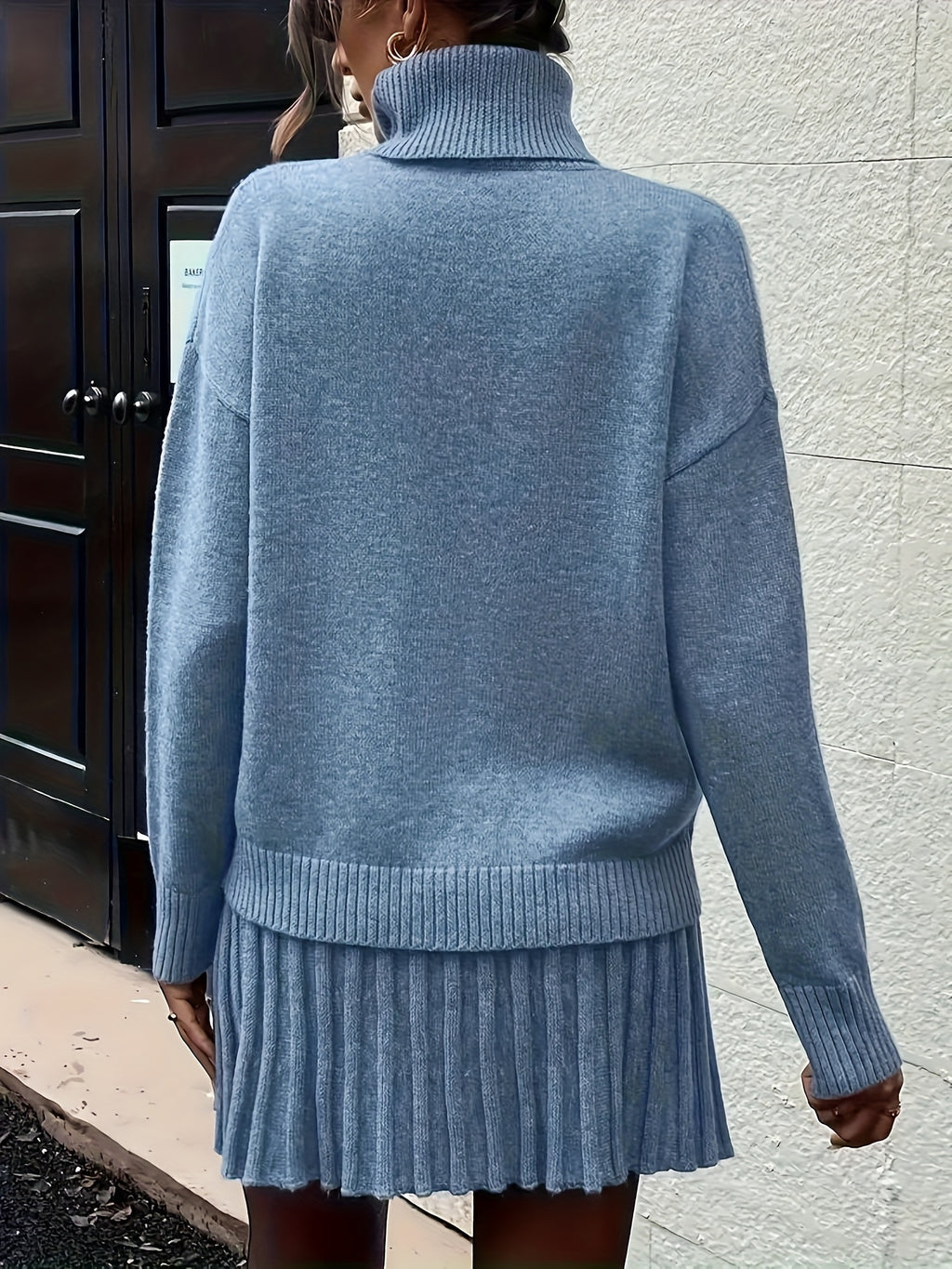 High-Neck Sweater Pleated Skirt Two-Piece Set Women Elegant Drop Shoulder Long Sleeve | Chic Knit Top + Pleated Skirt Co-Ord for Fall Winter Office & Daily Wear