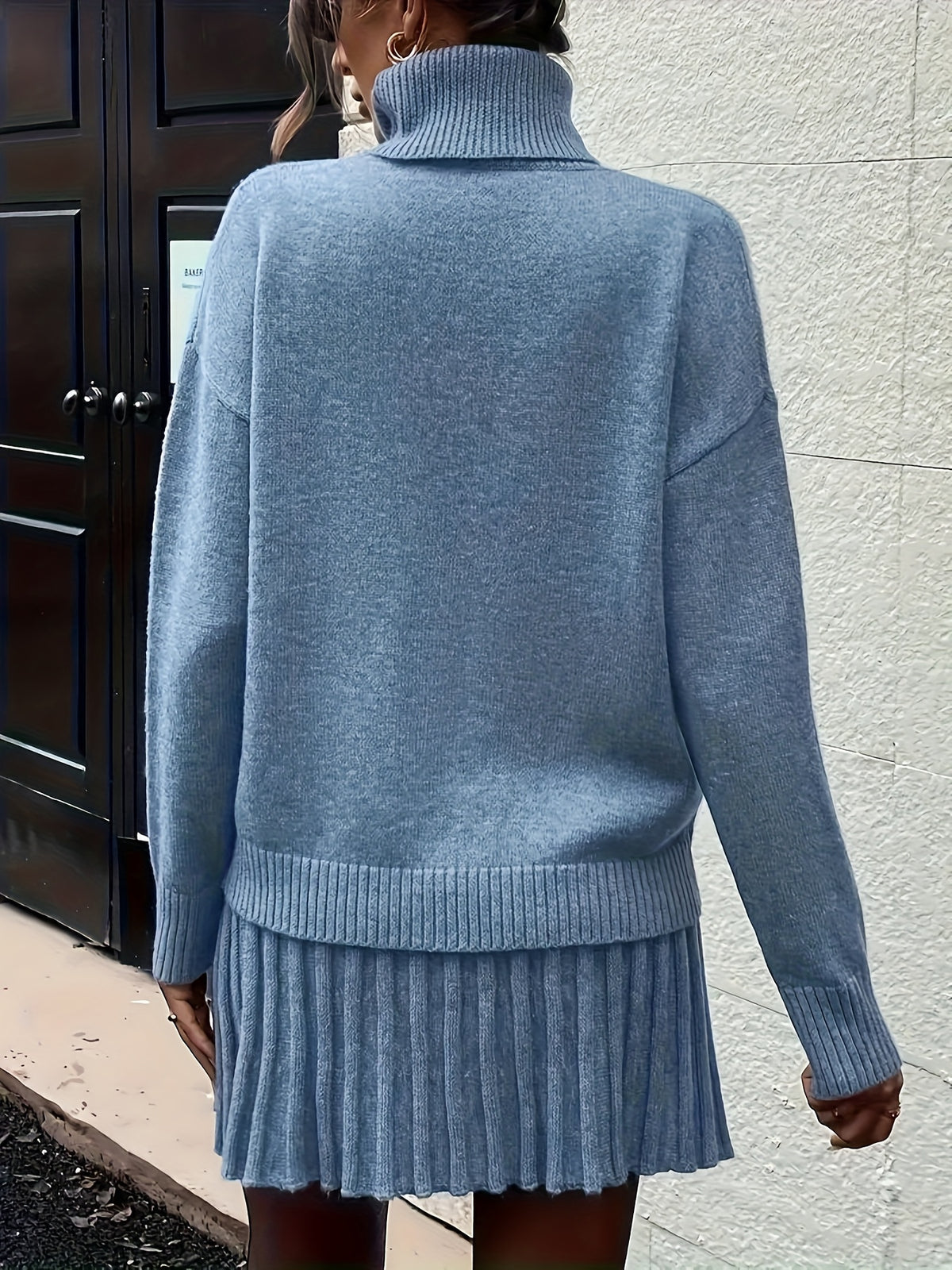 High-Neck Sweater Pleated Skirt Two-Piece Set Women Elegant Drop Shoulder Long Sleeve | Chic Knit Top + Pleated Skirt Co-Ord for Fall Winter Office & Daily Wear