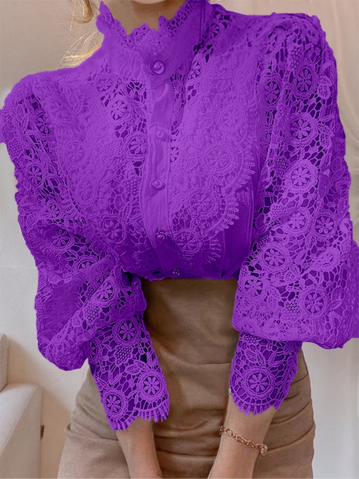 Heavy Lace Stand Collar Blouse for Women – Hollow Flower Long Sleeve Top with Pearl French Buttons, Elegant Solid Color Dressy Shirt