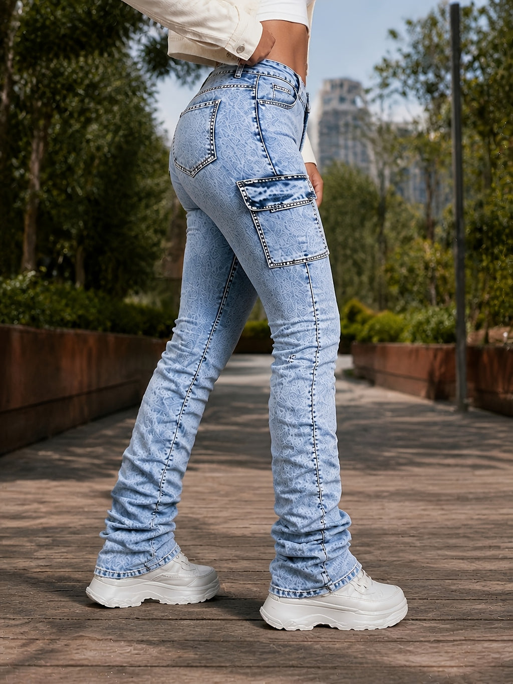 High Waist Stretch Jeans Women - Sky Blue Casual Denim Pants, Comfortable Slim Fit Machine Washable Streetwear Bottoms for Spring Summer Fall