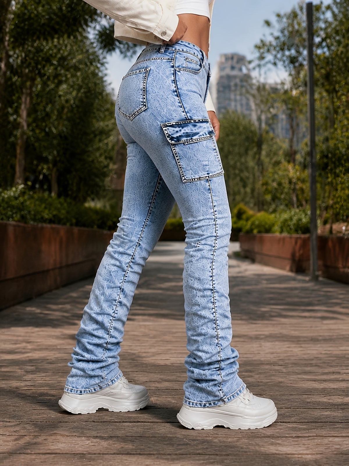 High Waist Stretch Jeans Women - Sky Blue Casual Denim Pants, Comfortable Slim Fit Machine Washable Streetwear Bottoms for Spring Summer Fall