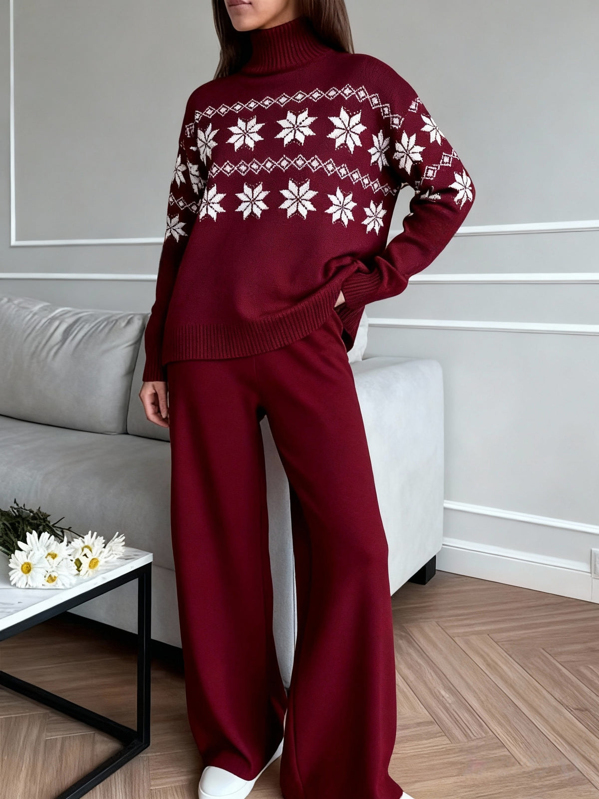 Turtleneck Knit 2-Piece Lounge Set for Women – Cozy Long Sleeve Textured Matching Set, Casual Fall Winter Loungewear Outfit for Relaxed Days & Outings